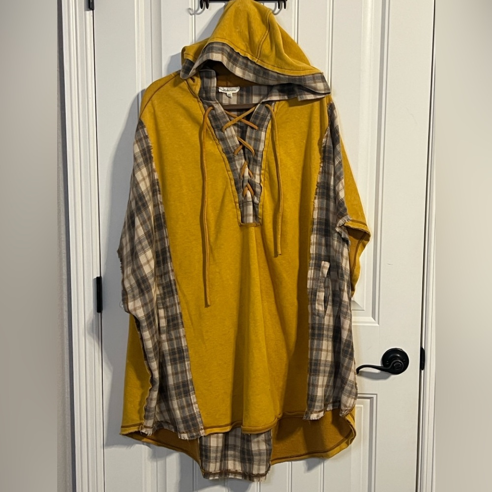 Oli & Hali Mustard Yellow Hooded Pullover with Plaid Accents